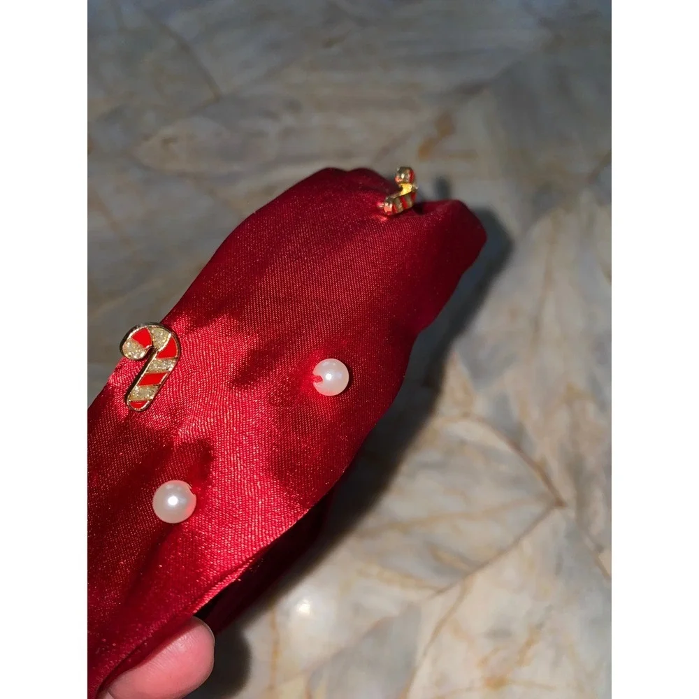 Red Satin Knotted Headband Faux Pearl Candy Cane Christmas Holiday‎ Charms Wide